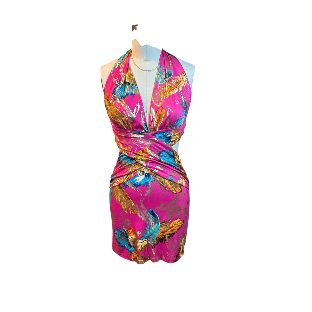 Tropical Feather Print Gold Foil Halter Cut Out Mini Dress Small Pink Vintage
